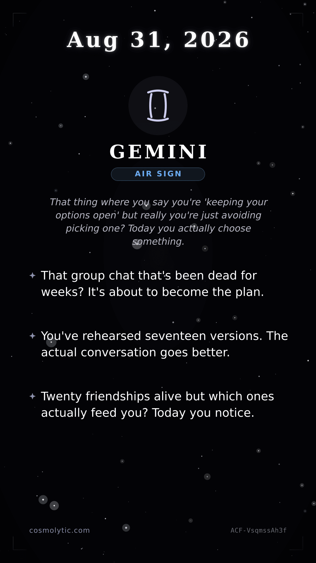 Gemini daily horoscope card for August 31, 2026
