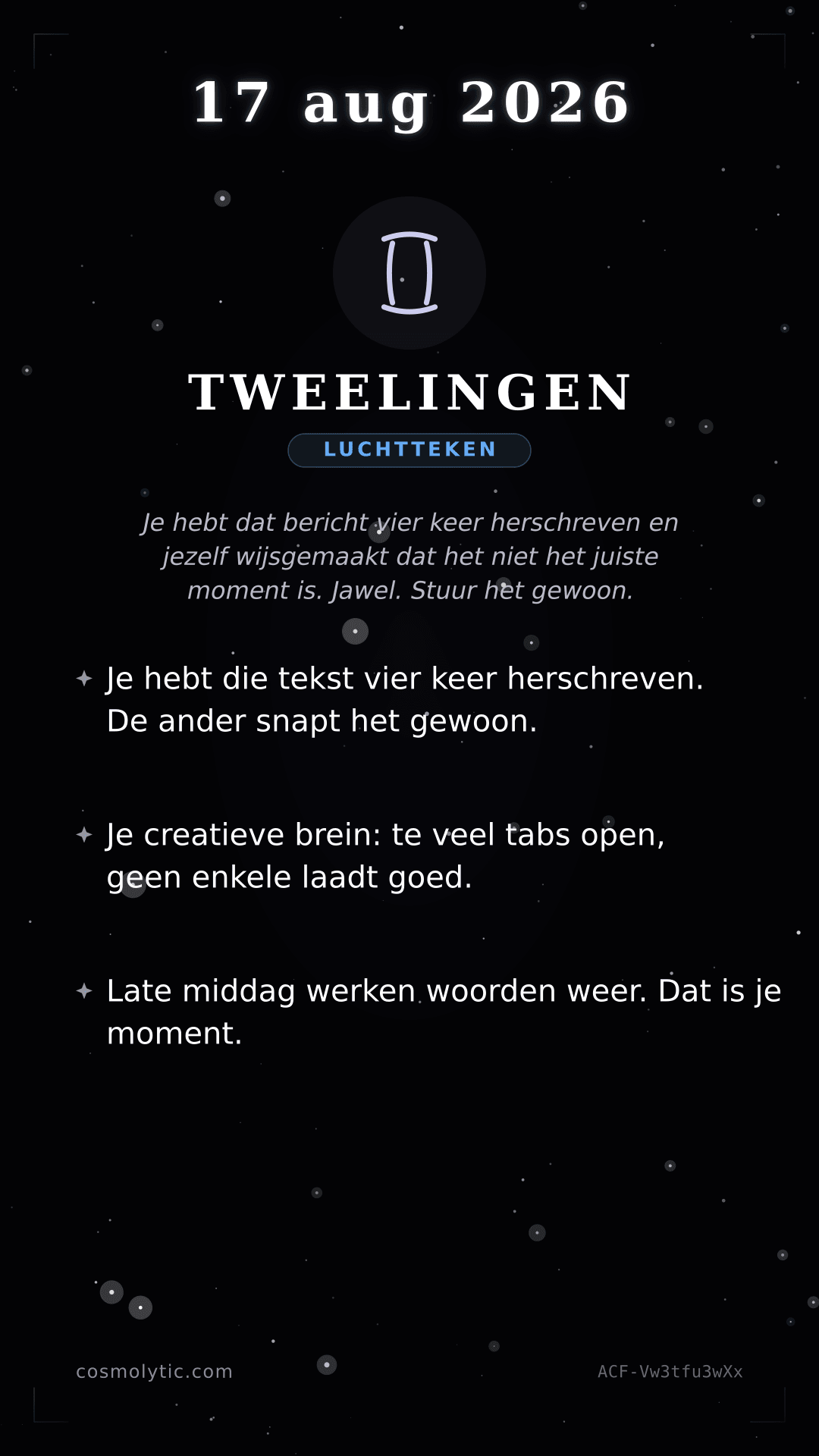 Tweelingen daghoroscoop kaart voor 17 augustus 2026