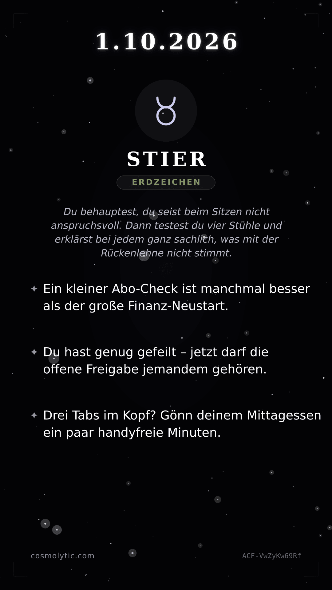 Stier Tageshoroskop-Karte für 1. Oktober 2026