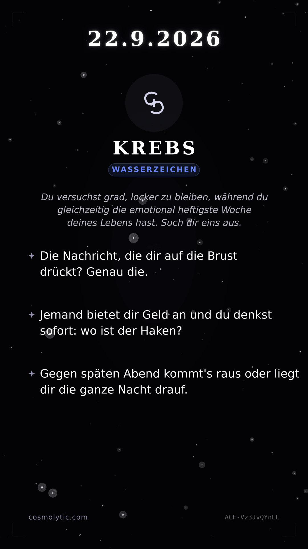 Krebs Tageshoroskop-Karte für 22. September 2026