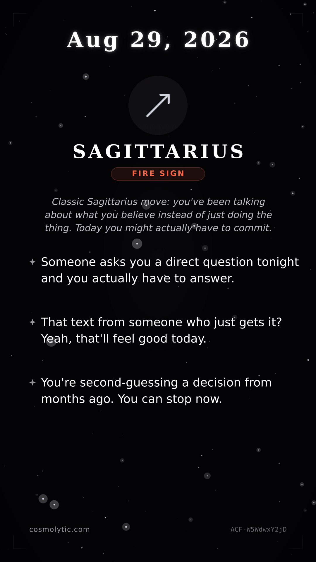 Sagittarius daily horoscope card for August 29, 2026