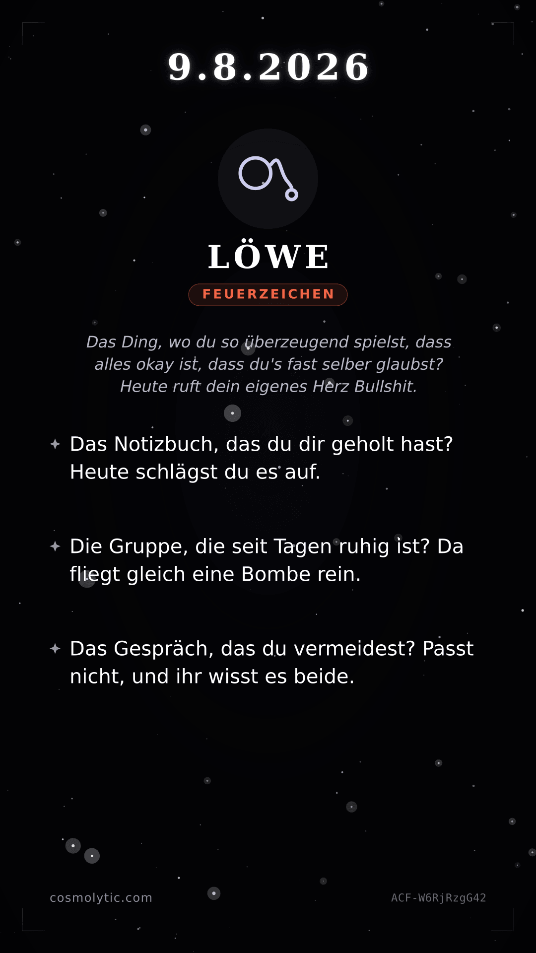 Löwe Tageshoroskop-Karte für 9. August 2026