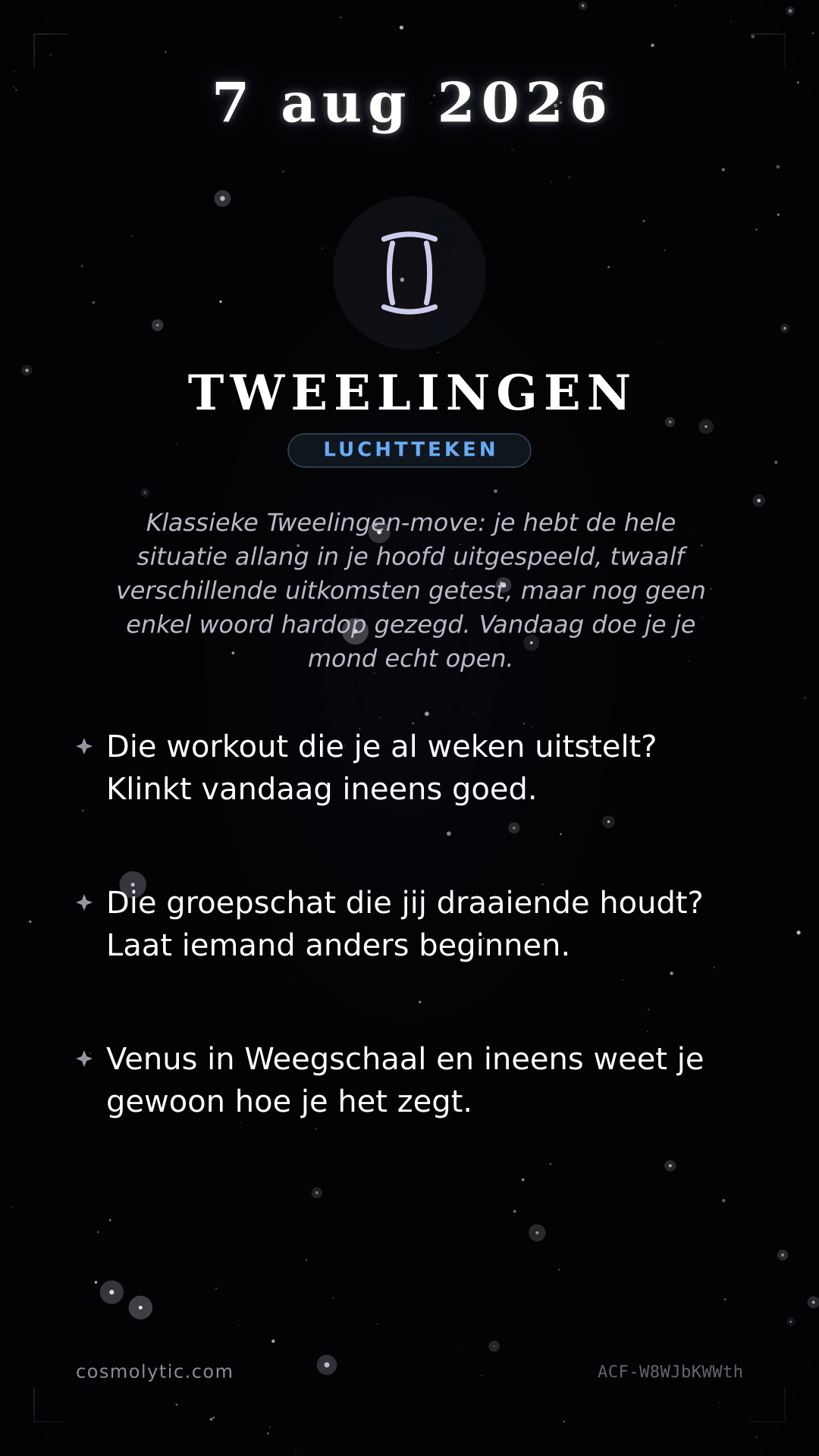 Tweelingen daghoroscoop kaart voor 7 augustus 2026