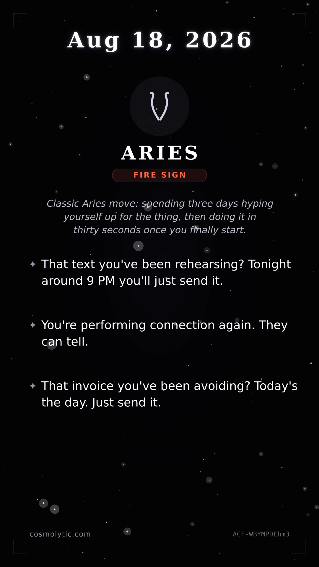Aries daily horoscope card for August 18, 2026