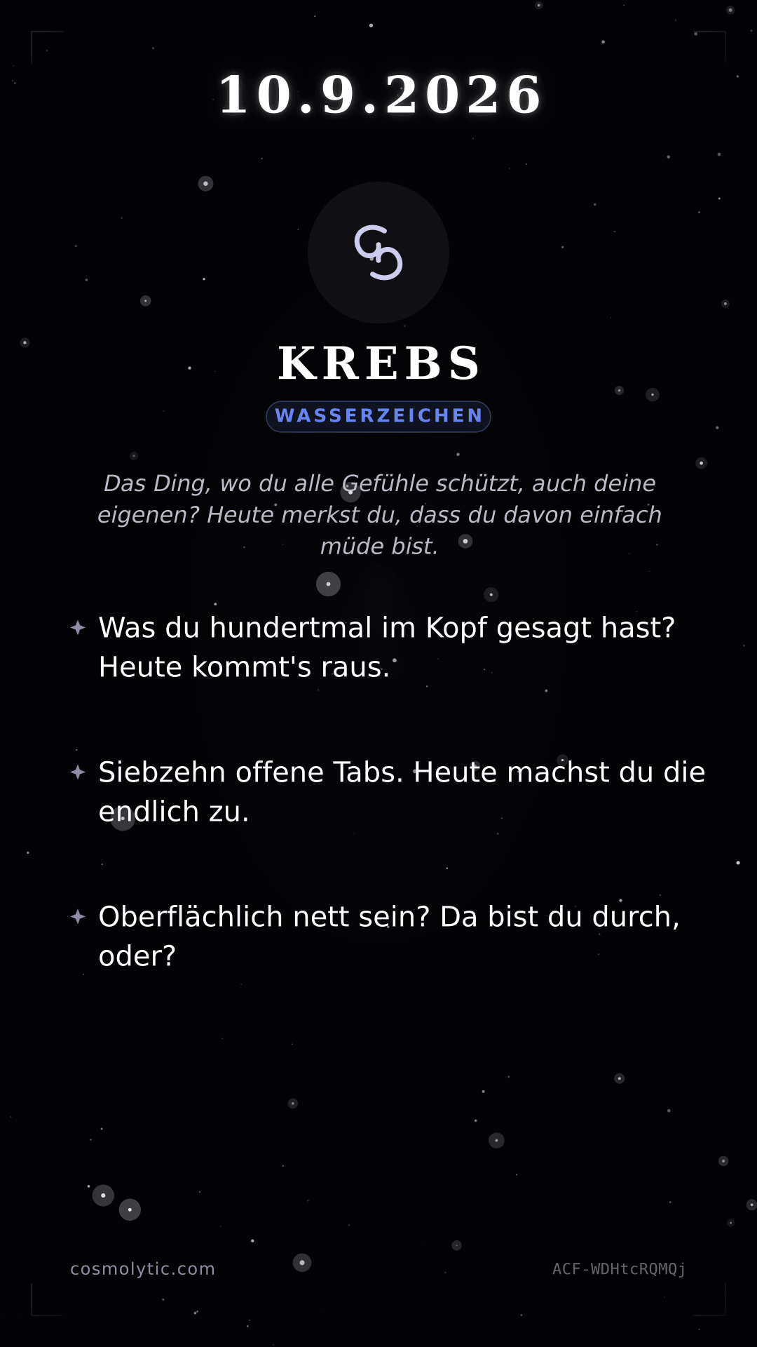 Krebs Tageshoroskop-Karte für 10. September 2026