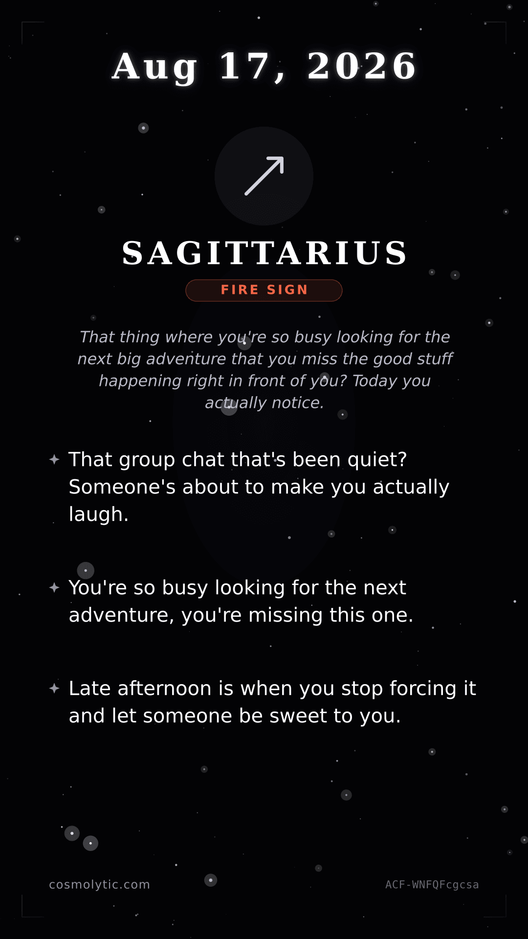 Sagittarius daily horoscope card for August 17, 2026