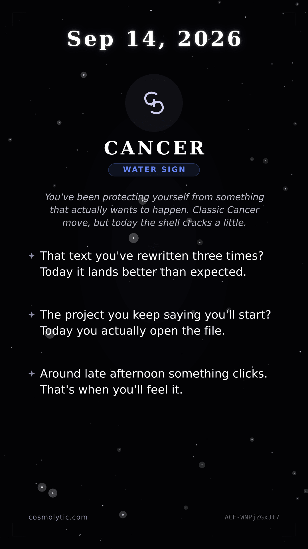 Cancer daily horoscope card for September 14, 2026