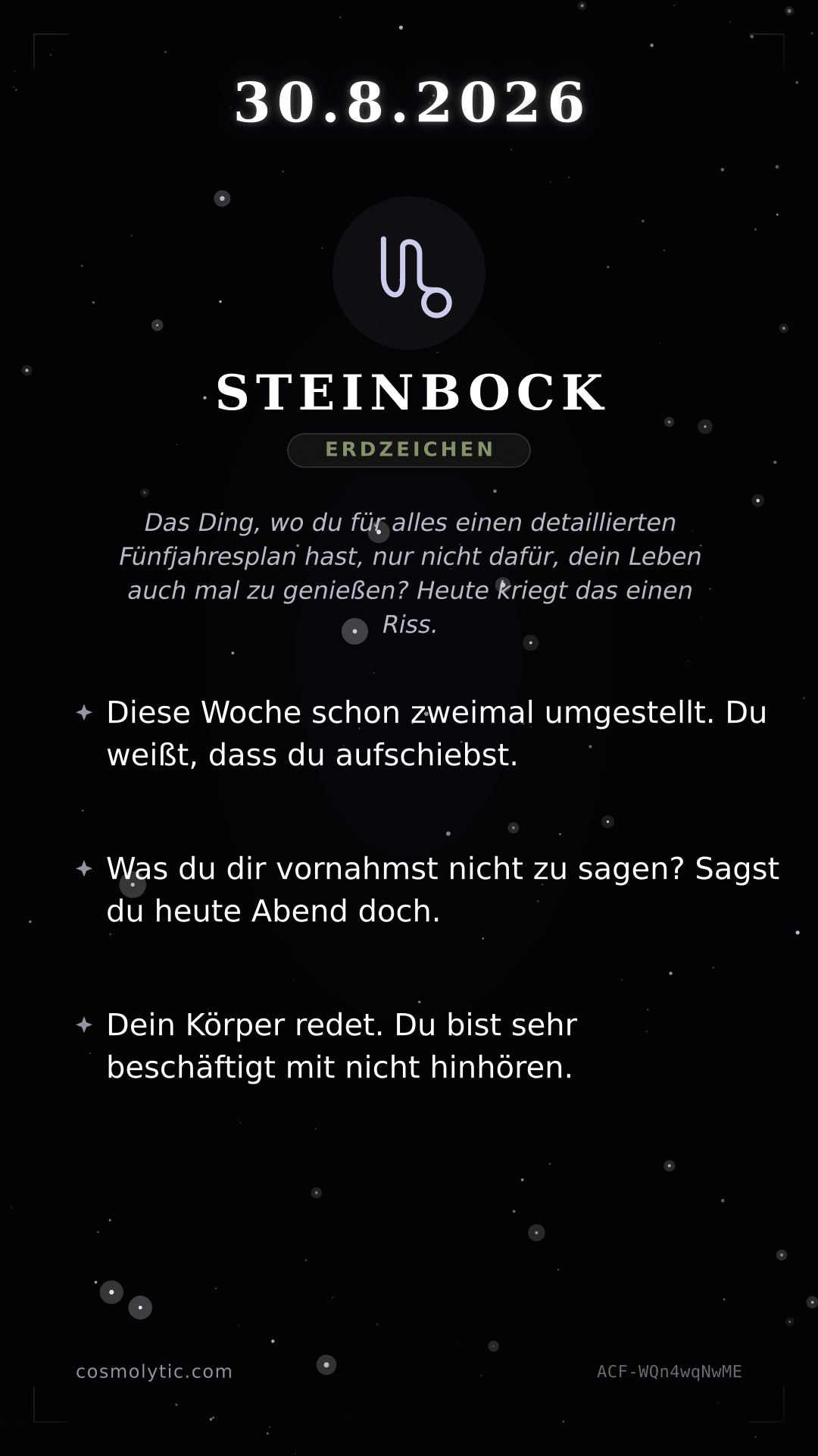 Steinbock Tageshoroskop-Karte für 30. August 2026