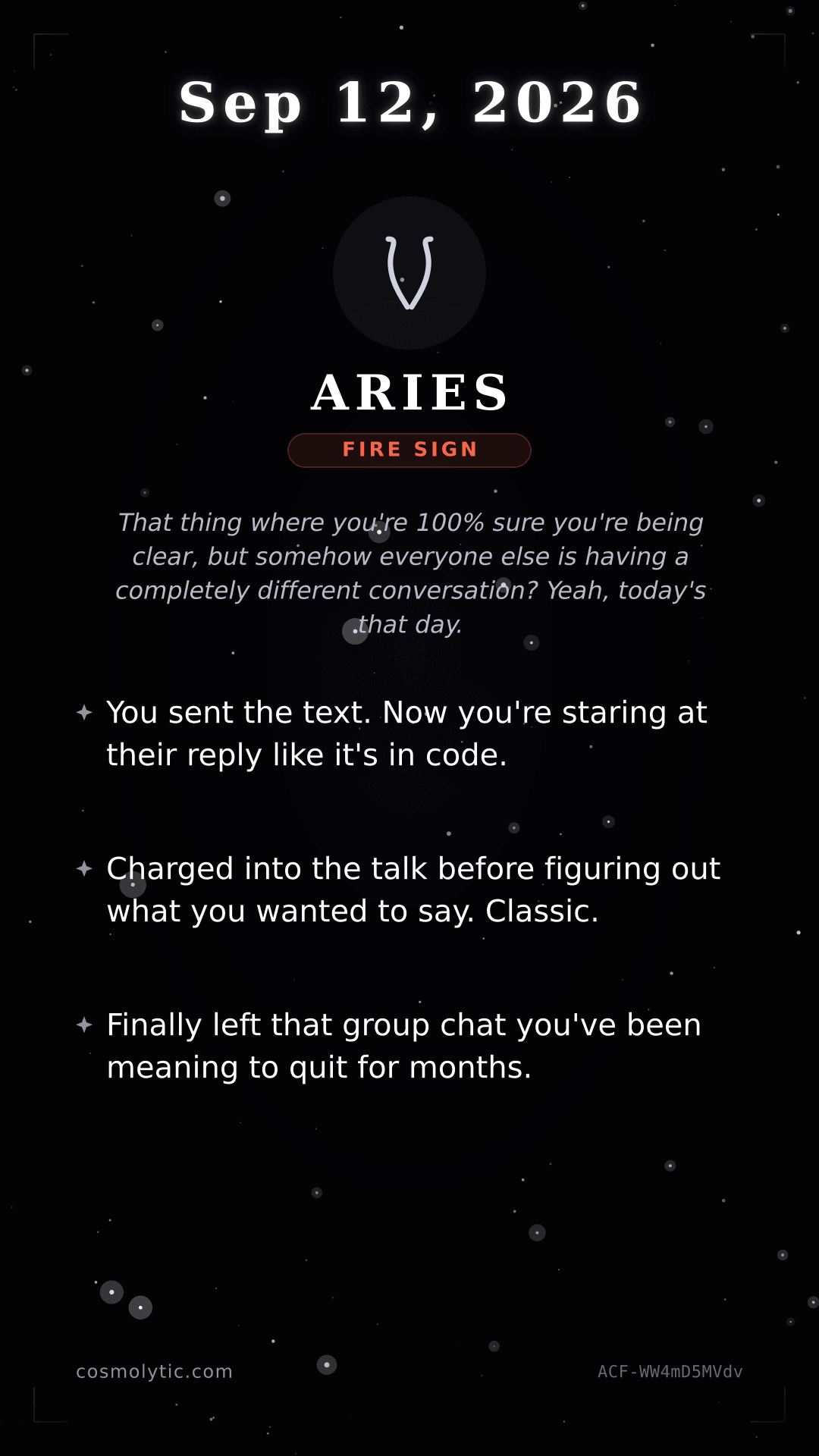 Aries daily horoscope card for September 12, 2026