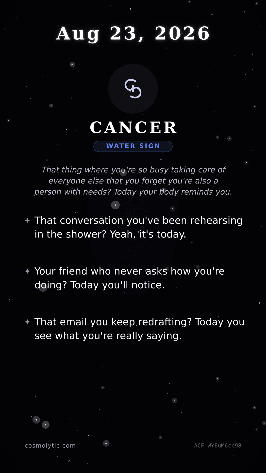 Cancer daily horoscope card for August 23, 2026