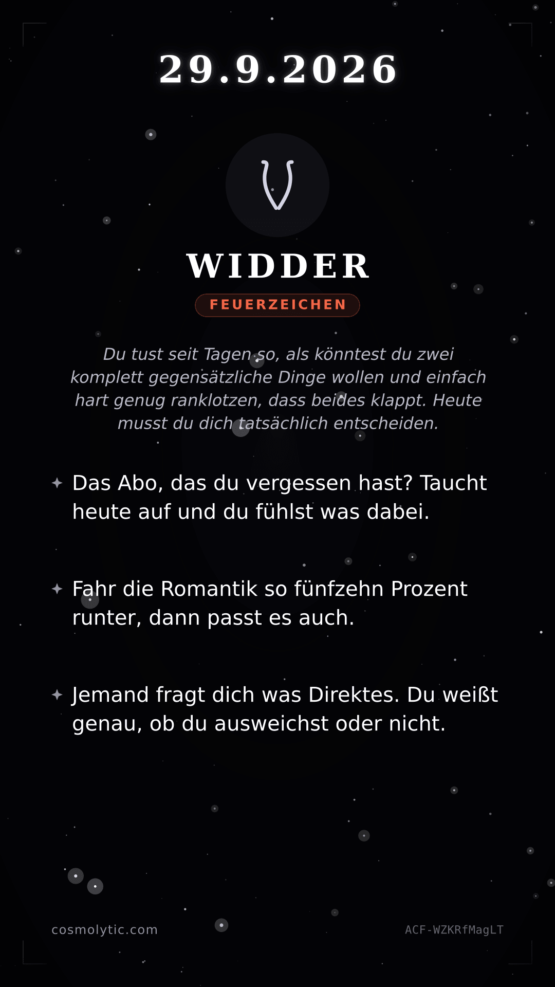 Widder Tageshoroskop-Karte für 29. September 2026