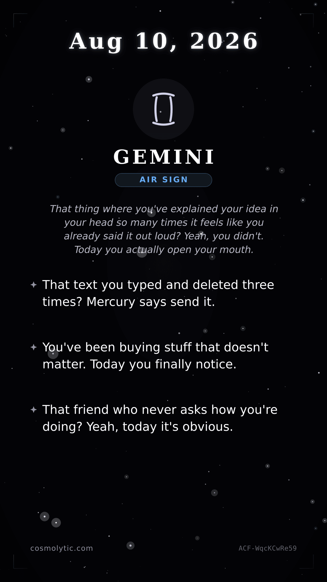 Gemini daily horoscope card for August 10, 2026