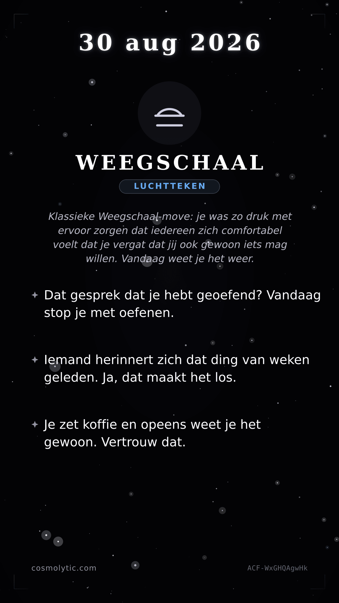 Weegschaal daghoroscoop kaart voor 30 augustus 2026