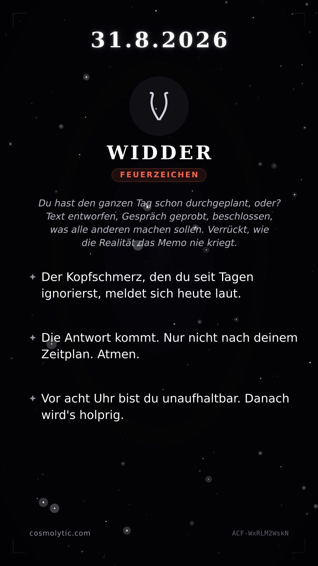 Widder Tageshoroskop-Karte für 31. August 2026