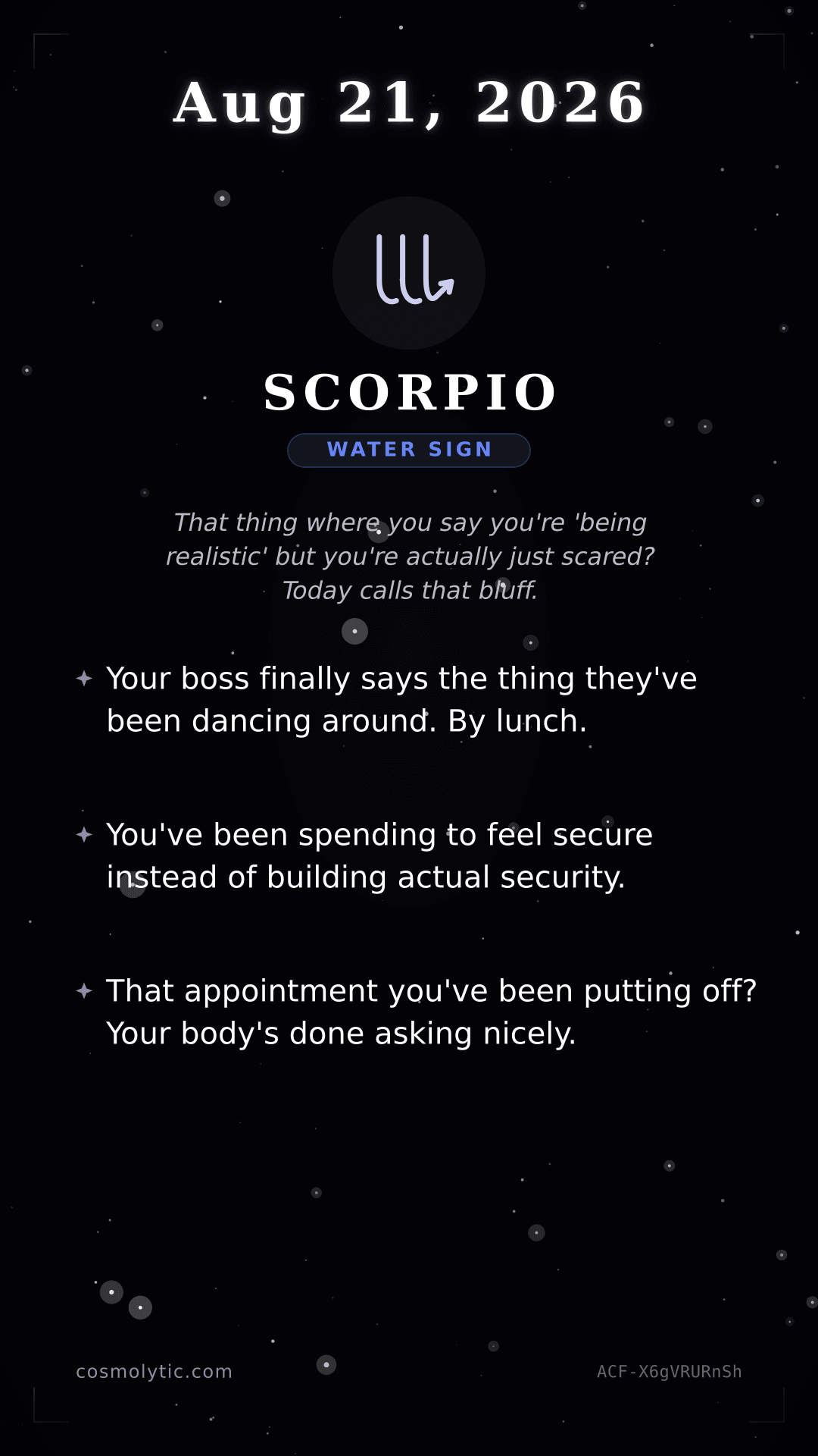 Scorpio daily horoscope card for August 21, 2026