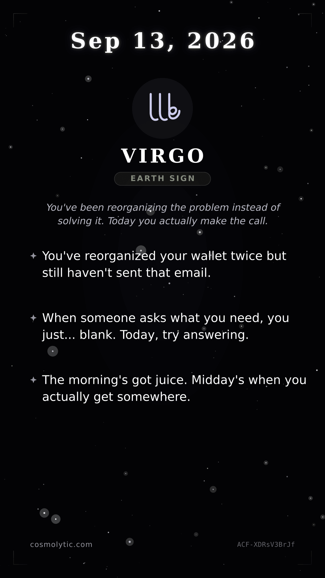 Virgo daily horoscope card for September 13, 2026