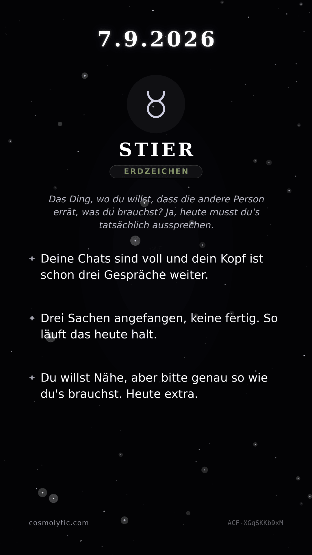 Stier Tageshoroskop-Karte für 7. September 2026