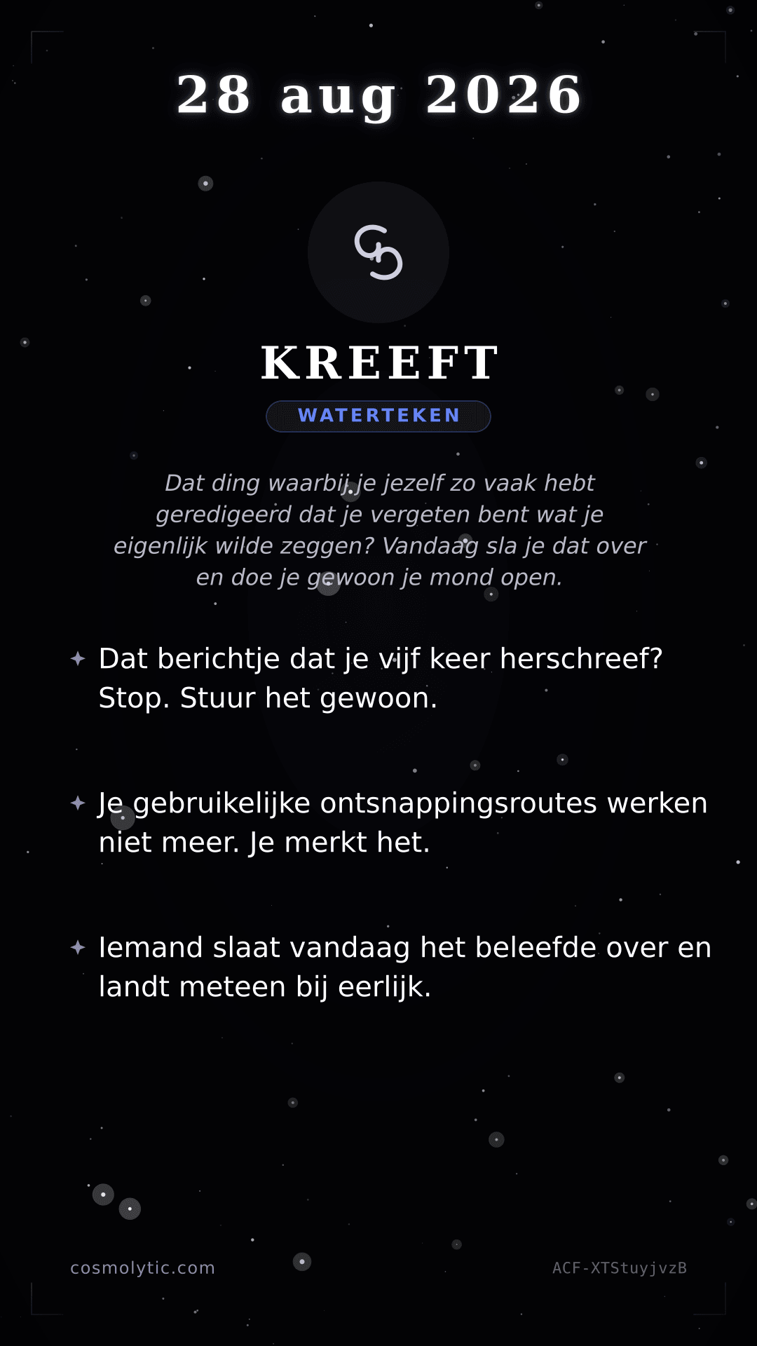 Kreeft daghoroscoop kaart voor 28 augustus 2026