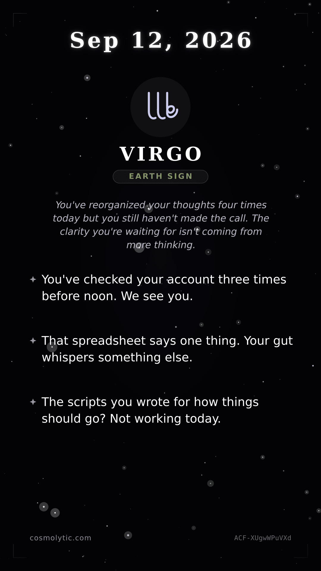 Virgo daily horoscope card for September 12, 2026