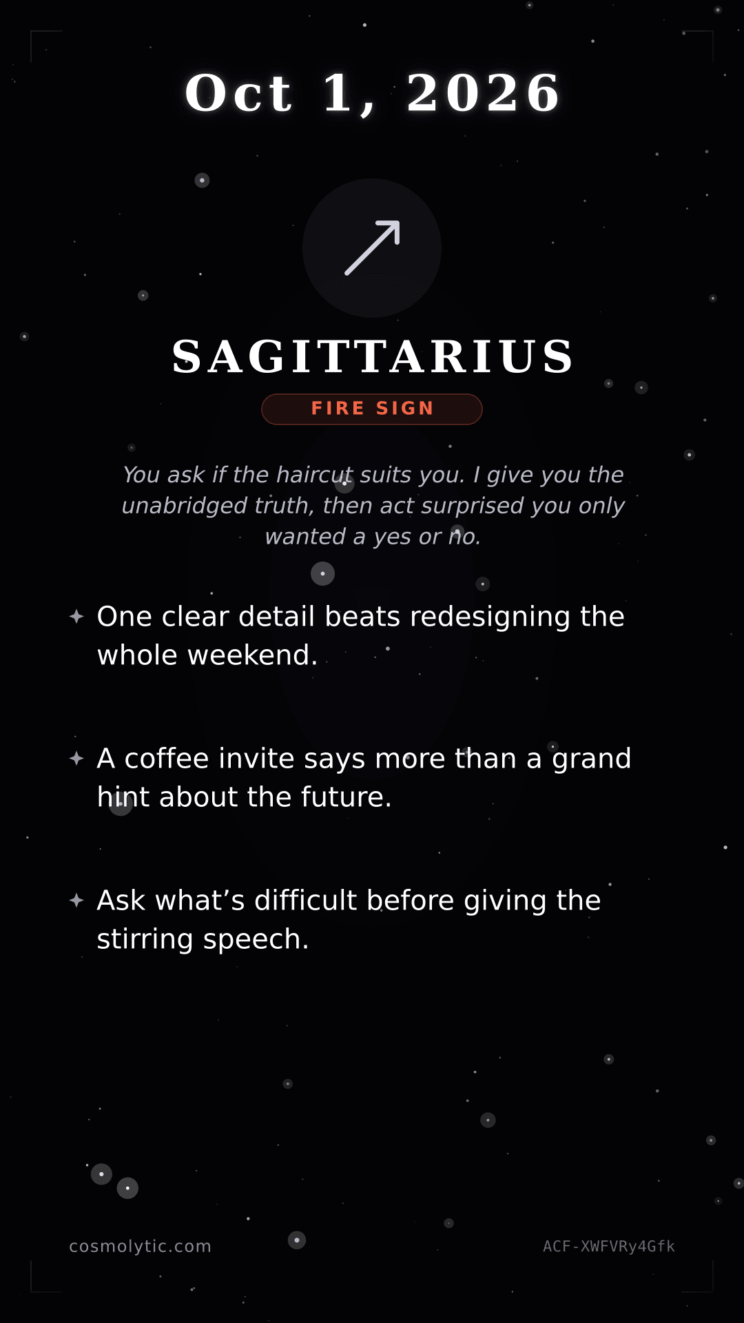 Sagittarius daily horoscope card for October 1, 2026