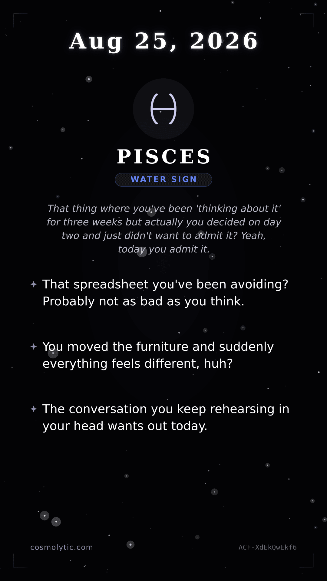 Pisces daily horoscope card for August 25, 2026