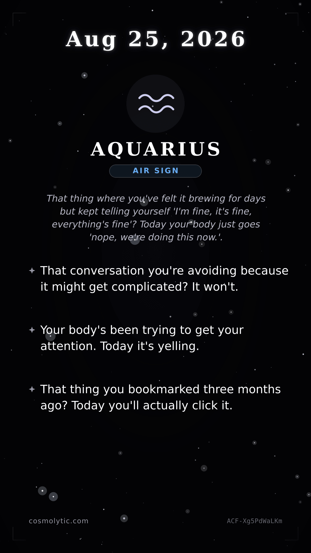 Aquarius daily horoscope card for August 25, 2026