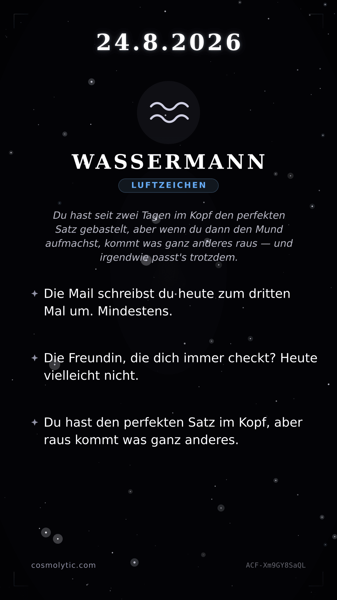 Wassermann Tageshoroskop-Karte für 24. August 2026