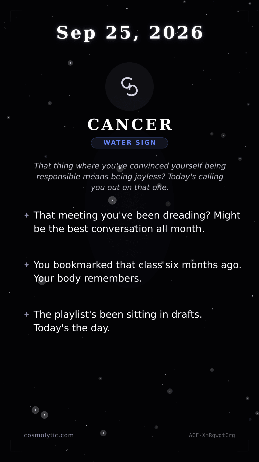 Cancer daily horoscope card for September 25, 2026