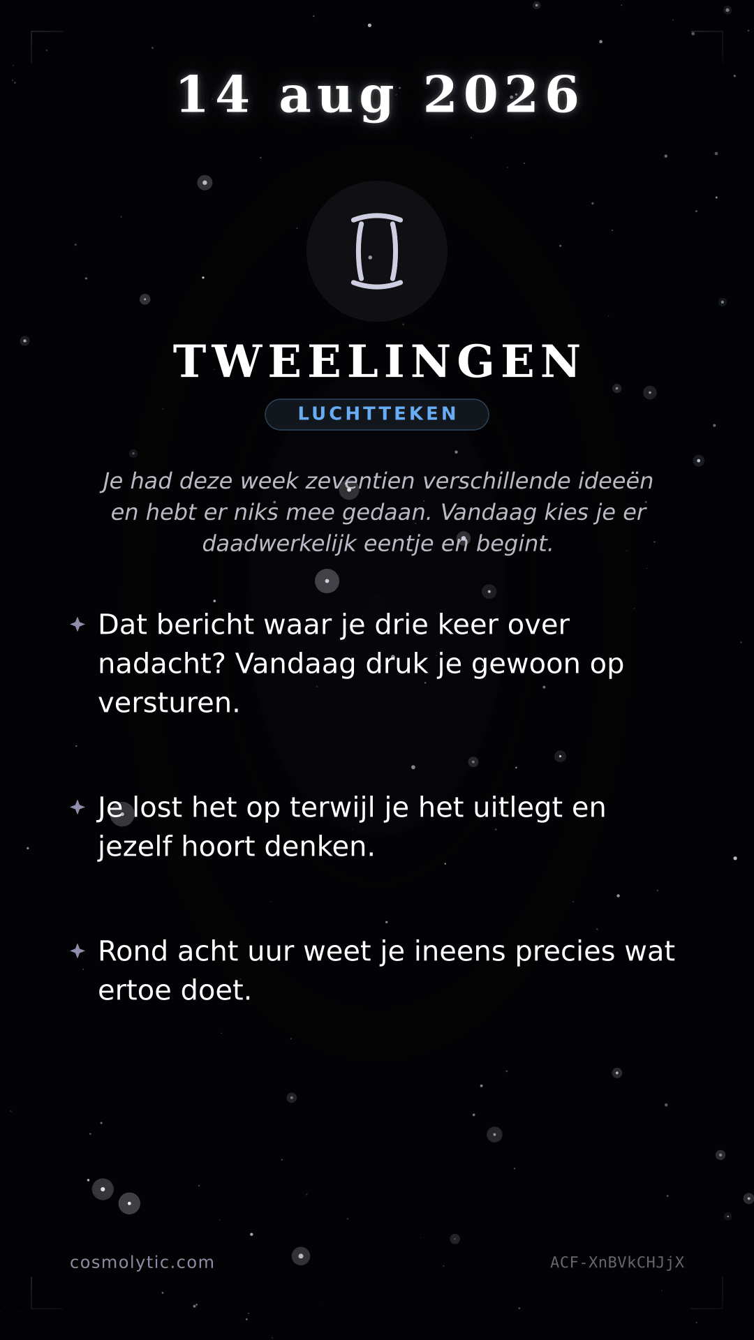 Tweelingen daghoroscoop kaart voor 14 augustus 2026