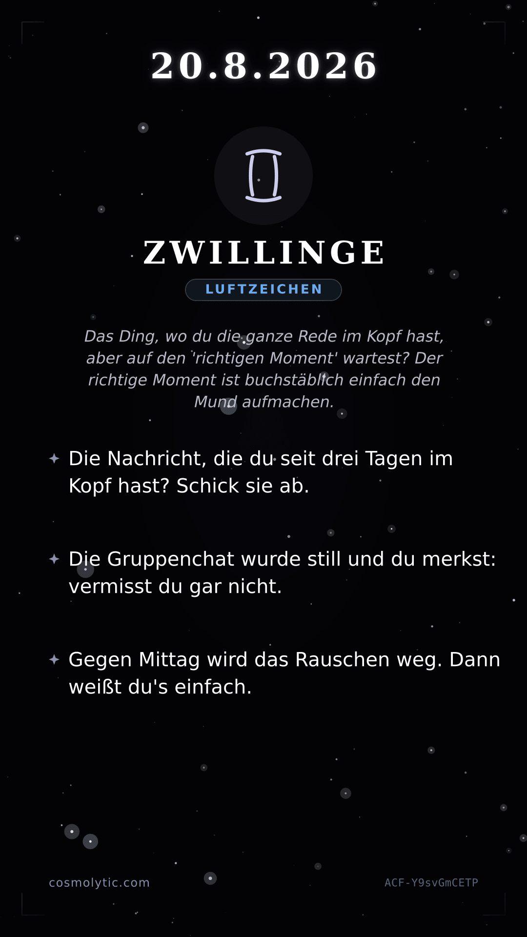 Zwillinge Tageshoroskop-Karte für 20. August 2026