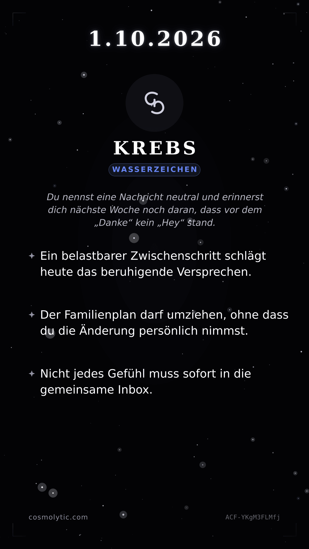 Krebs Tageshoroskop-Karte für 1. Oktober 2026