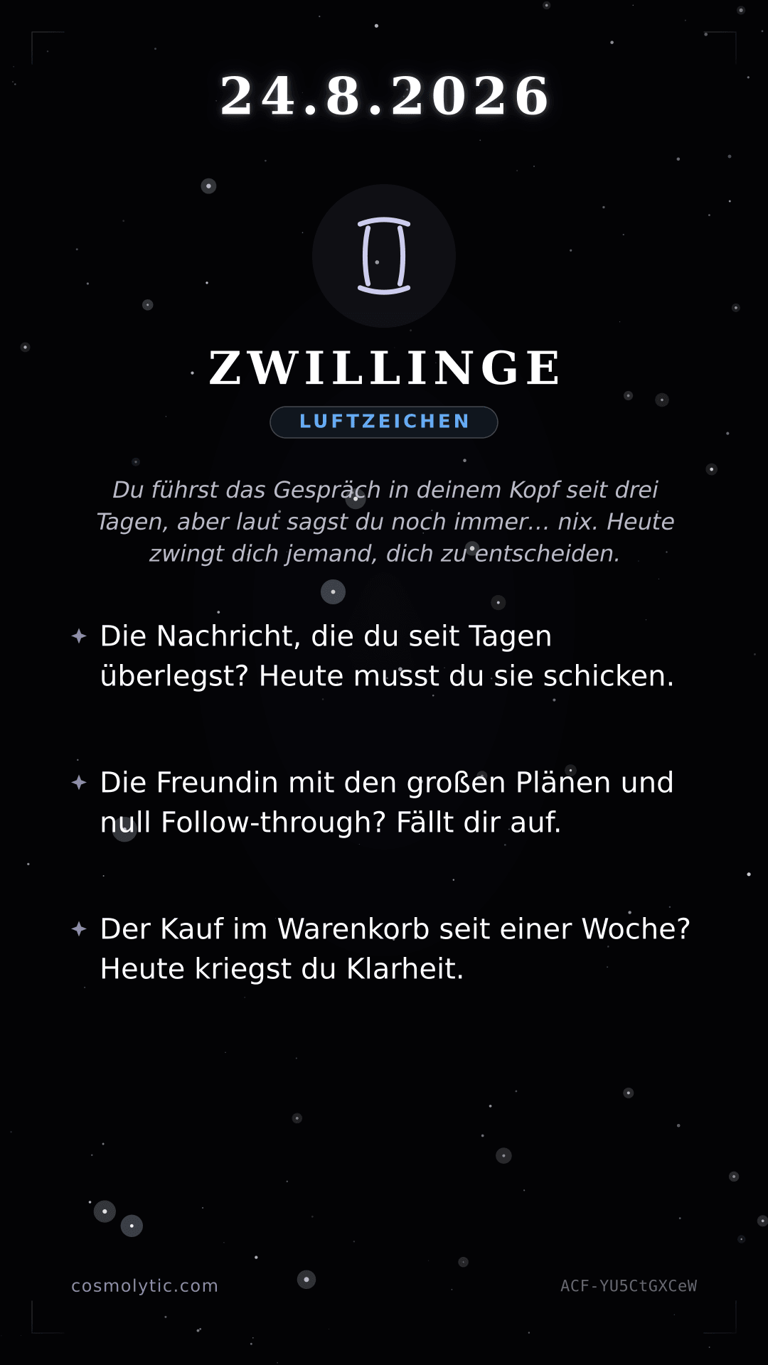 Zwillinge Tageshoroskop-Karte für 24. August 2026