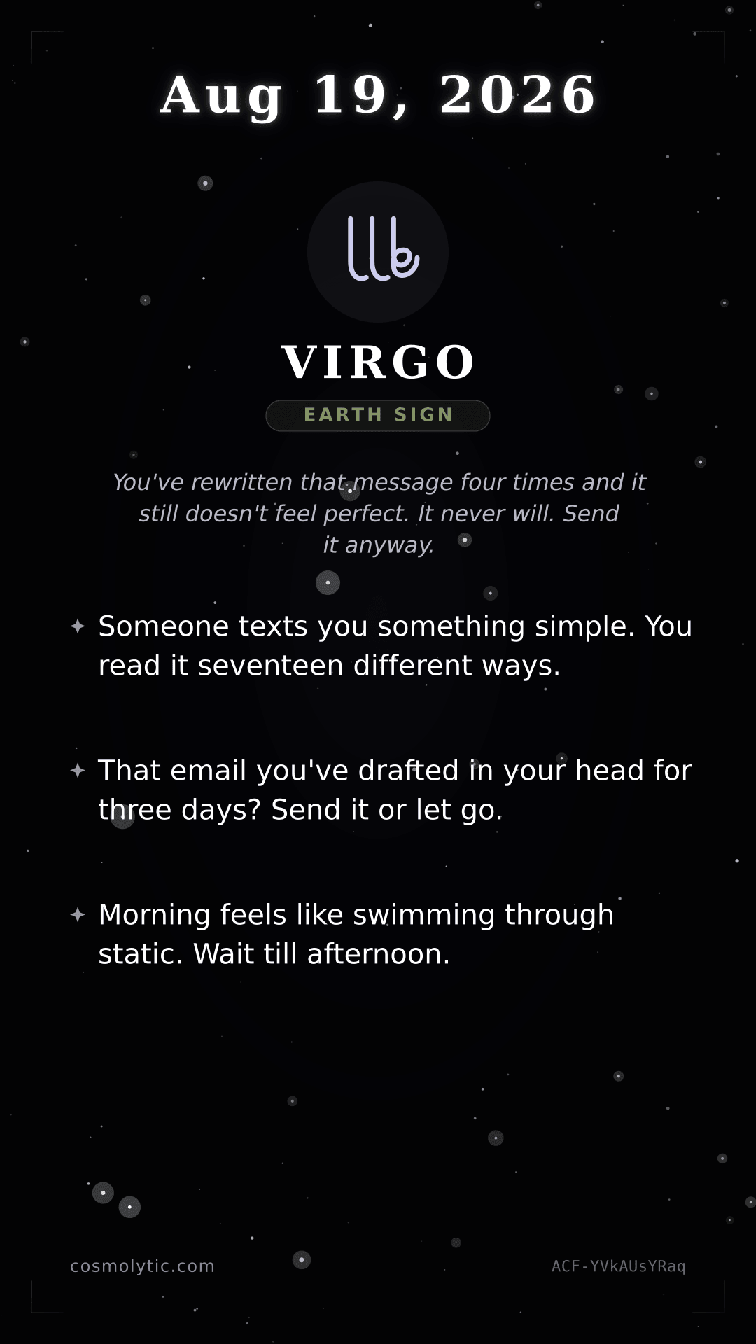 Virgo daily horoscope card for August 19, 2026