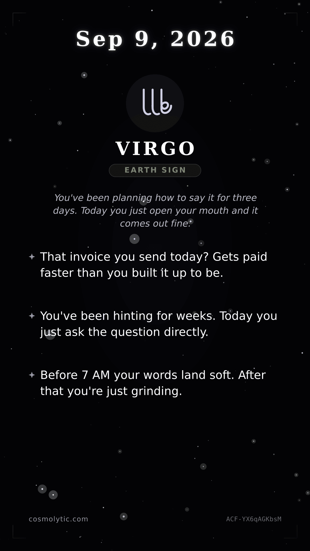 Virgo daily horoscope card for September 9, 2026