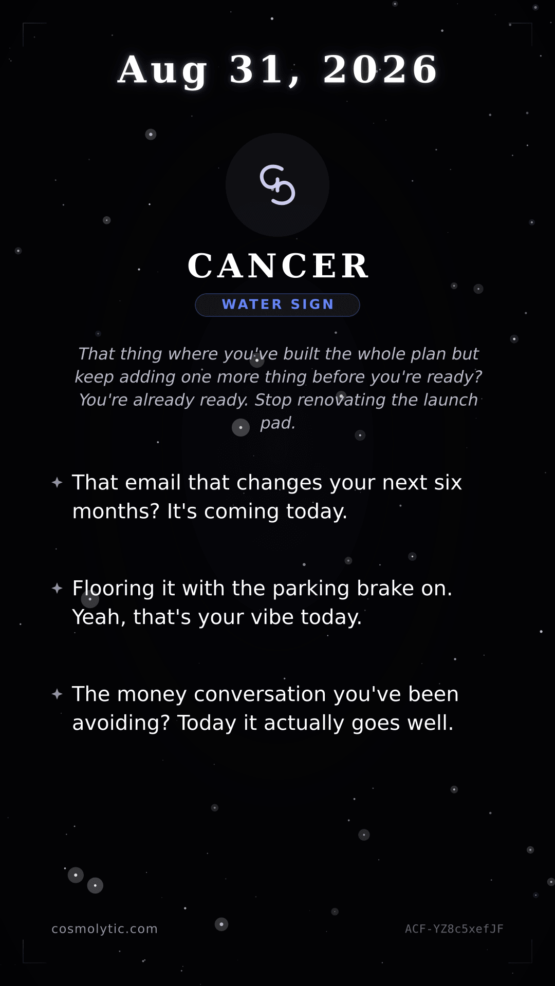 Cancer daily horoscope card for August 31, 2026