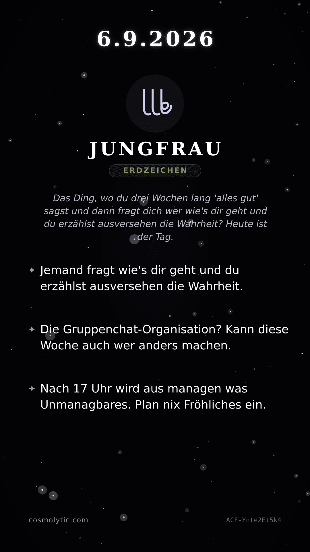 Jungfrau Tageshoroskop-Karte für 6. September 2026