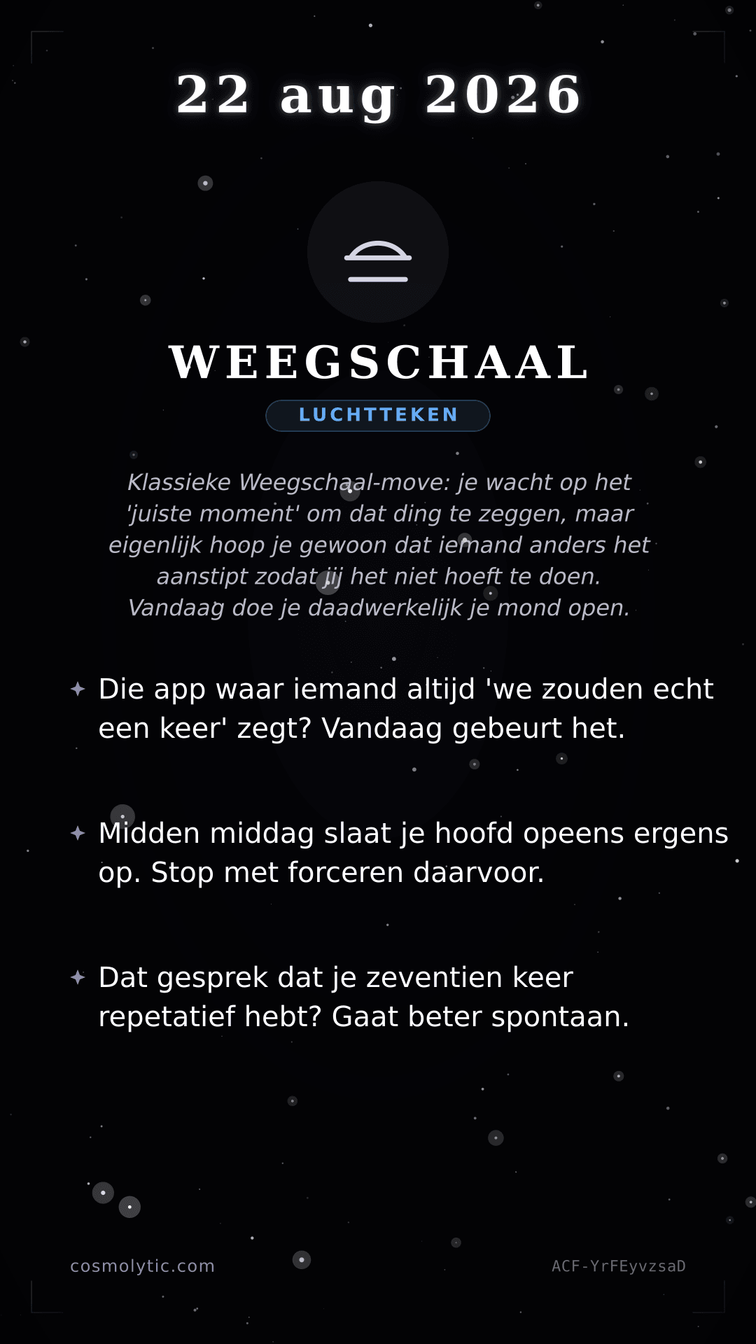 Weegschaal daghoroscoop kaart voor 22 augustus 2026