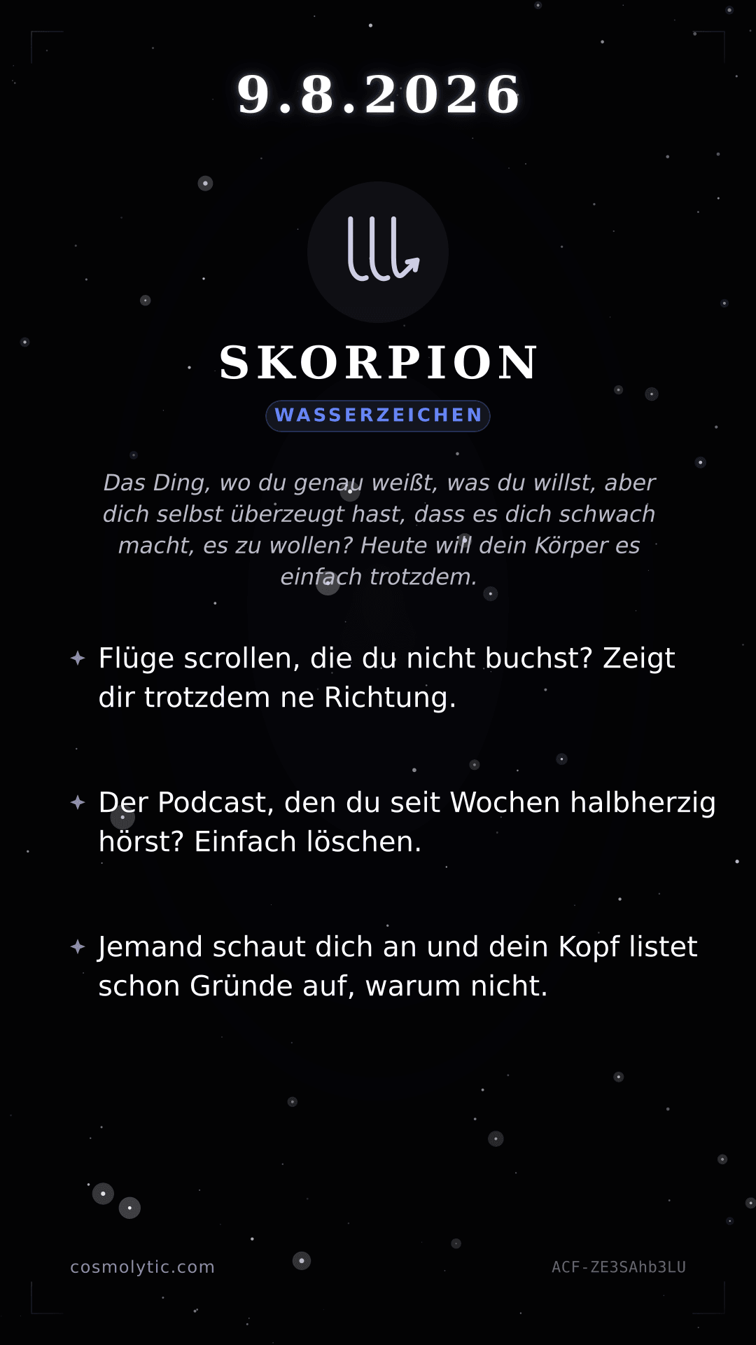 Skorpion Tageshoroskop-Karte für 9. August 2026