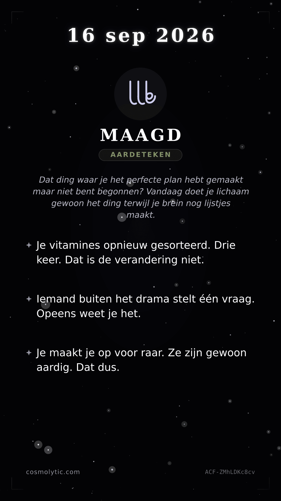 Maagd daghoroscoop kaart voor 16 september 2026