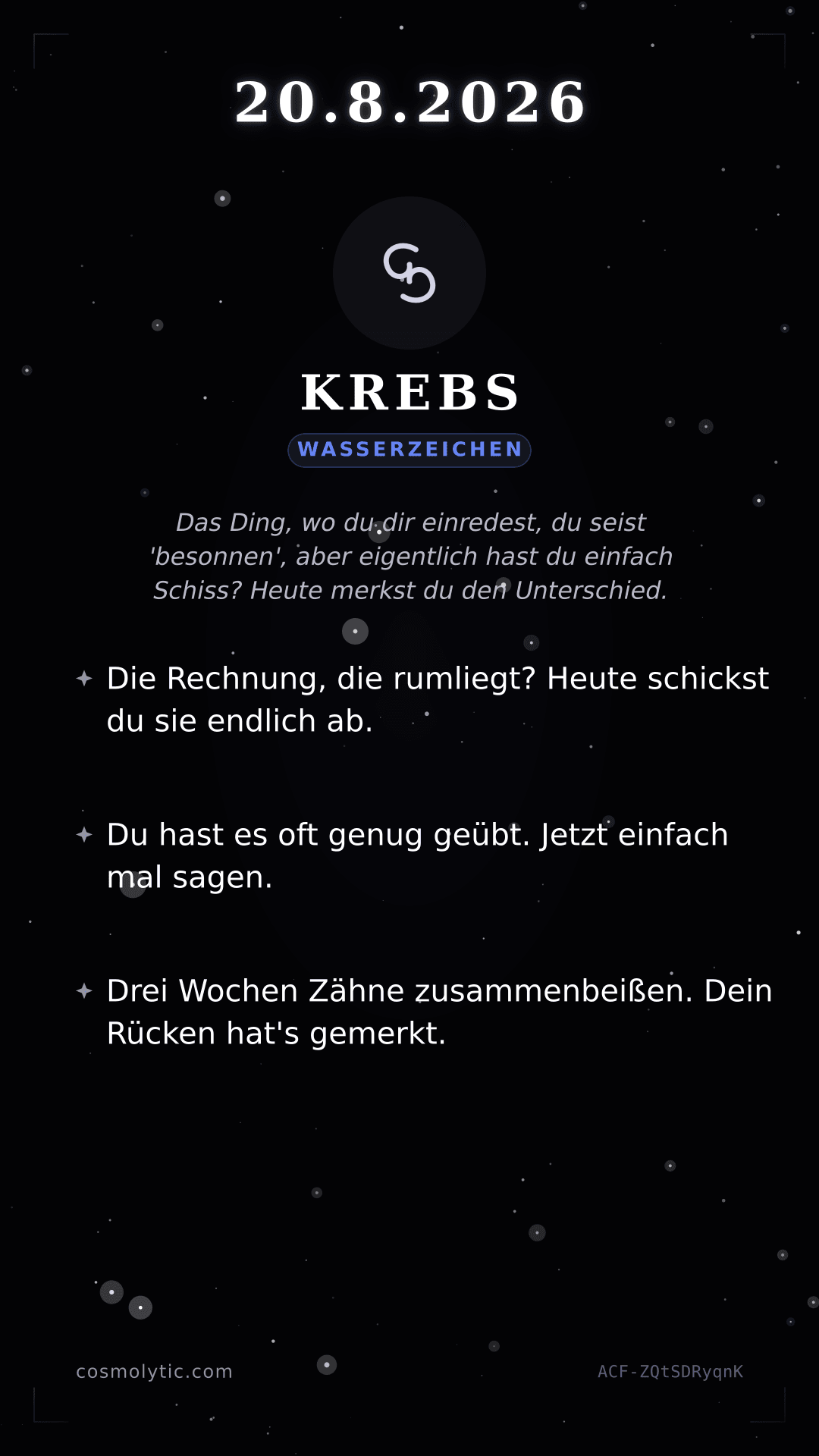 Krebs Tageshoroskop-Karte für 20. August 2026