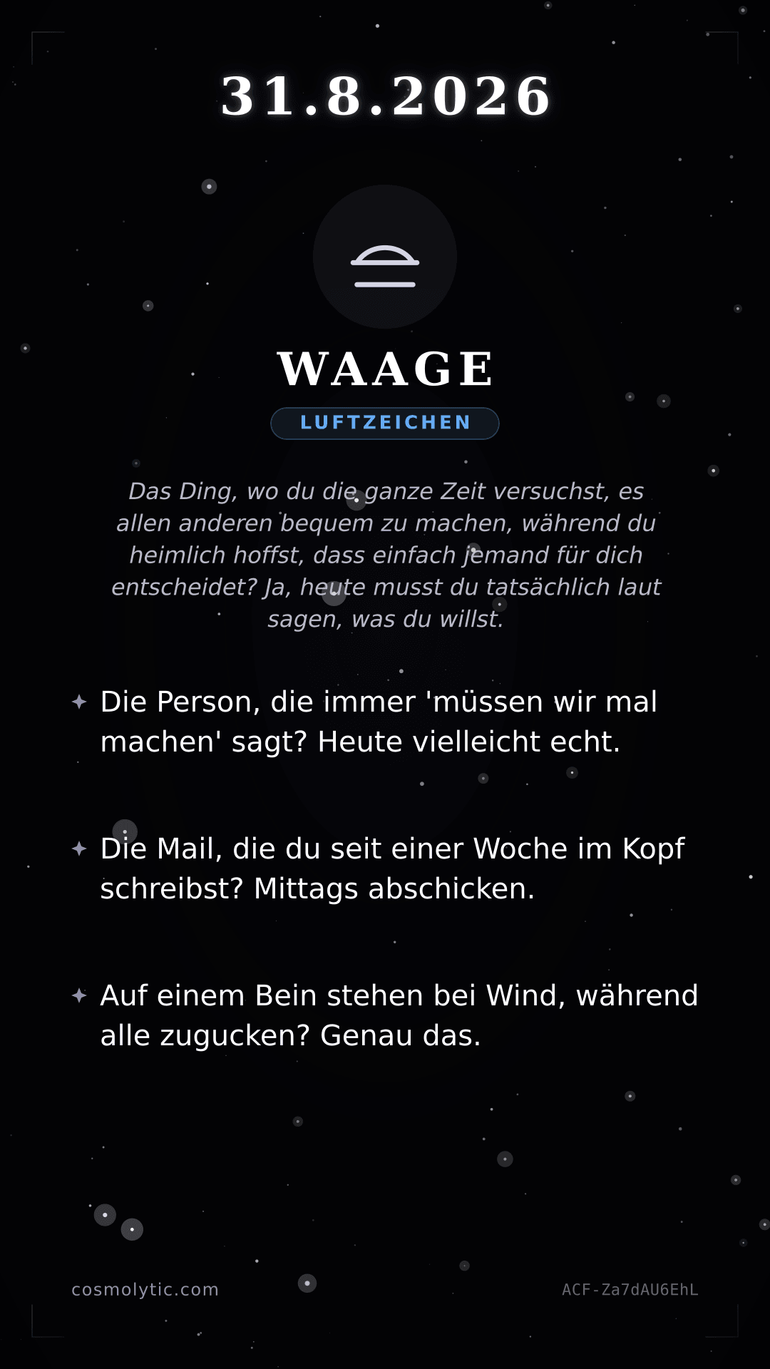 Waage Tageshoroskop-Karte für 31. August 2026