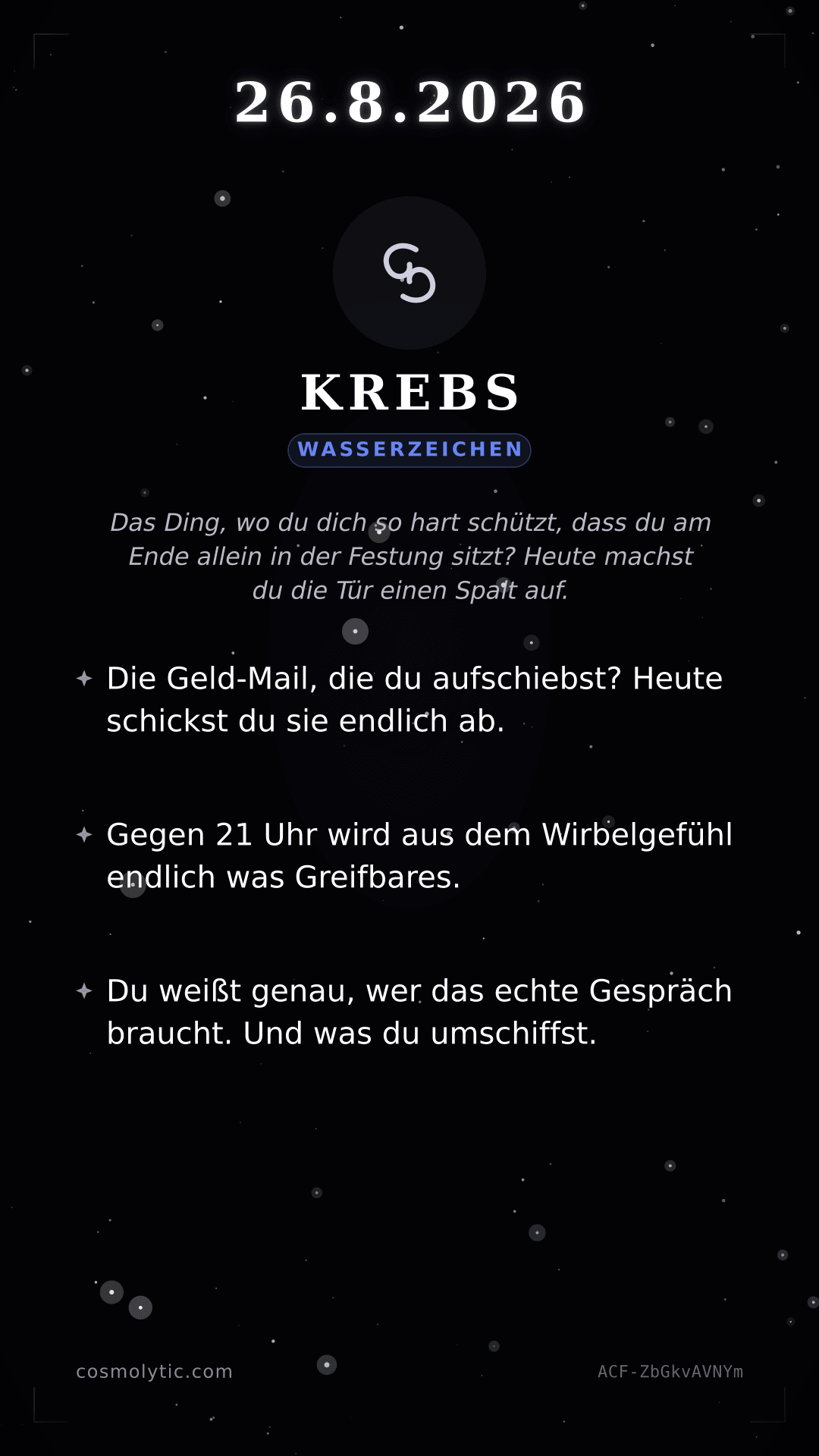 Krebs Tageshoroskop-Karte für 26. August 2026