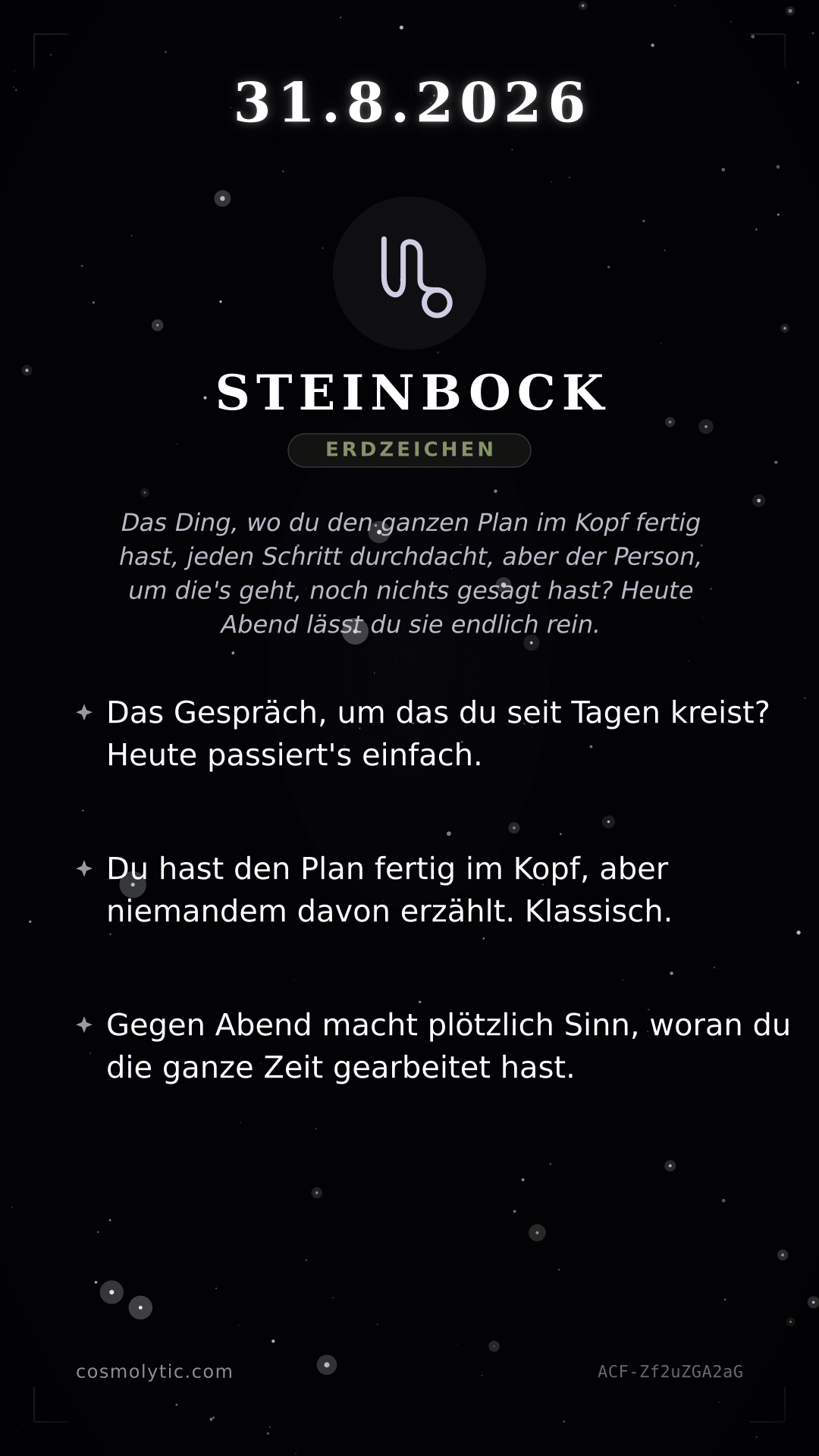 Steinbock Tageshoroskop-Karte für 31. August 2026