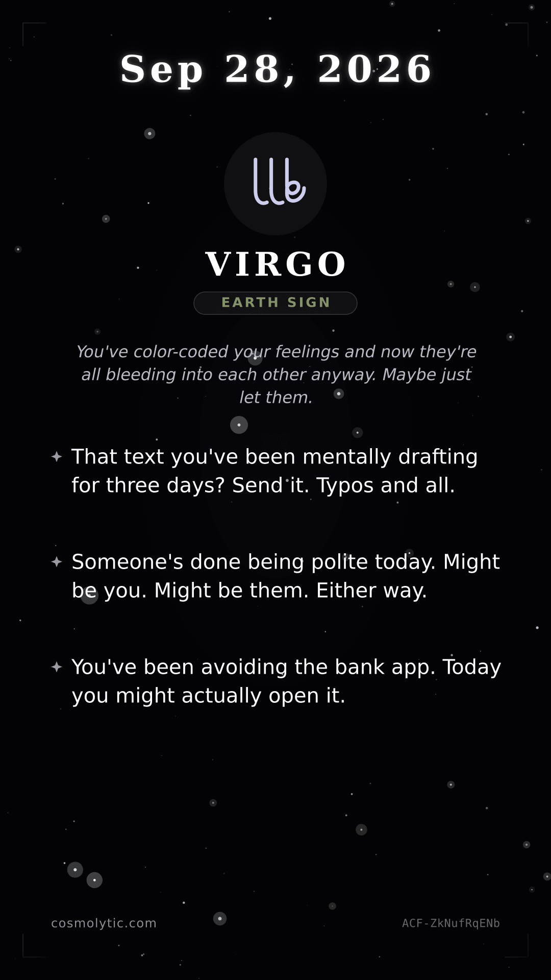 Virgo daily horoscope card for September 28, 2026