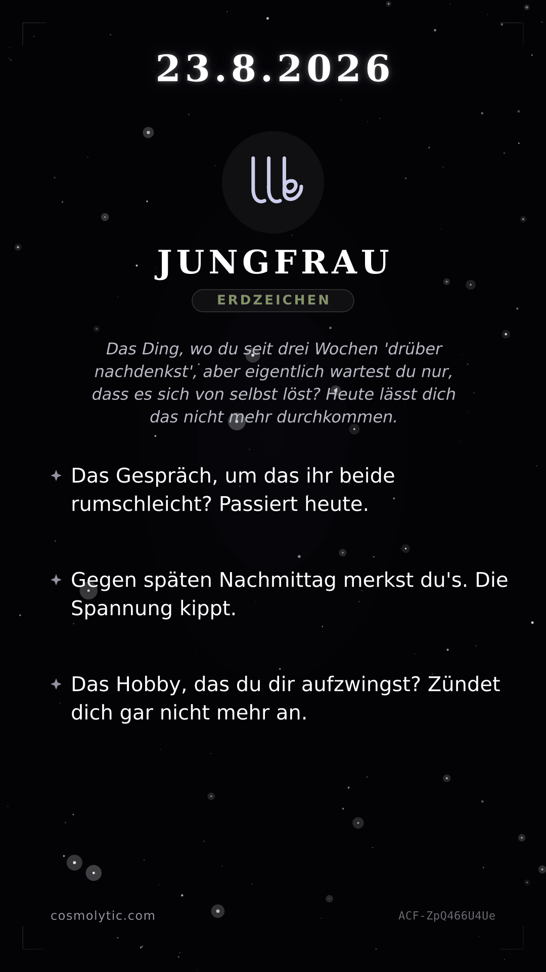 Jungfrau Tageshoroskop-Karte für 23. August 2026