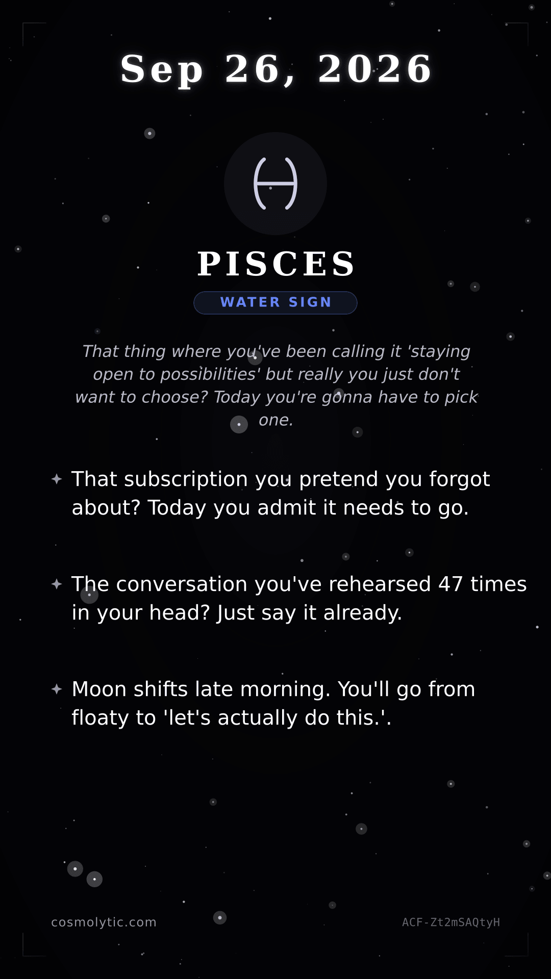 Pisces daily horoscope card for September 26, 2026