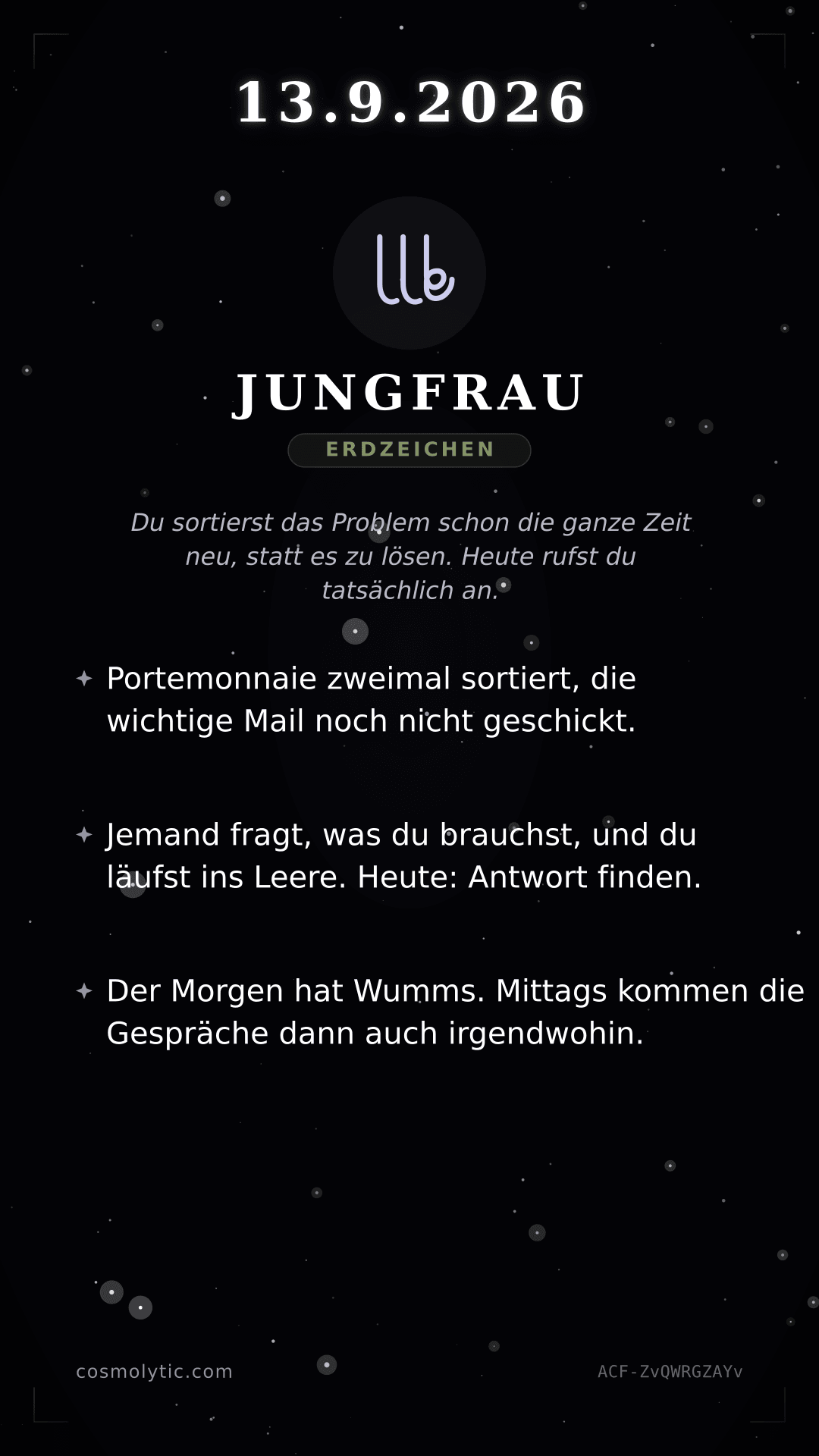 Jungfrau Tageshoroskop-Karte für 13. September 2026