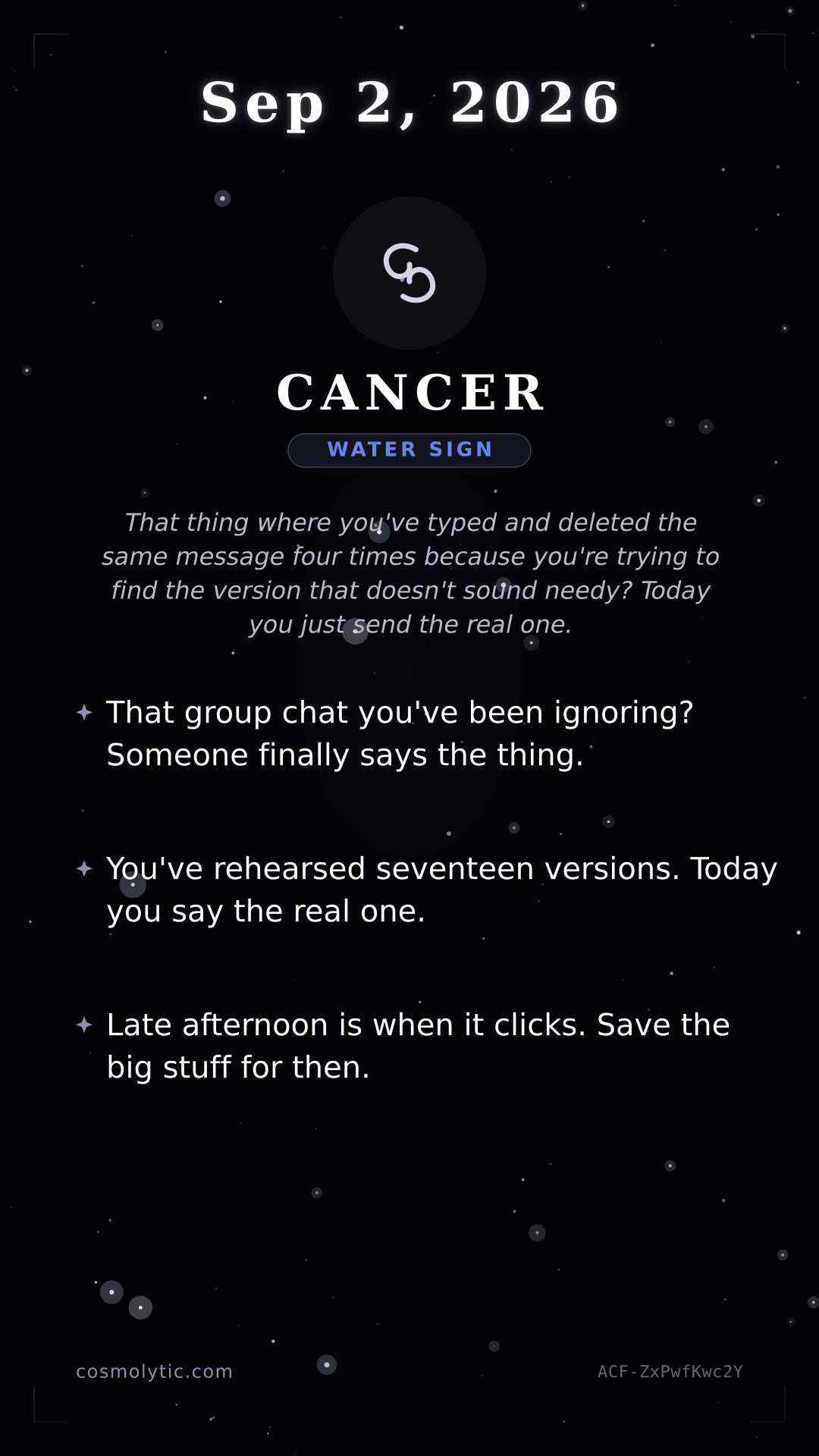 Cancer daily horoscope card for September 2, 2026