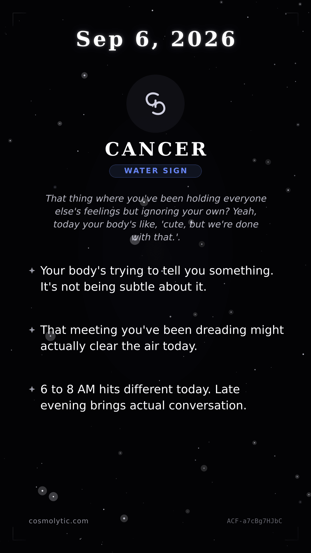 Cancer daily horoscope card for September 6, 2026
