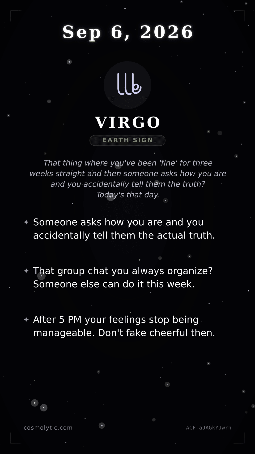 Virgo daily horoscope card for September 6, 2026